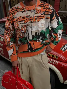 Men's Cartoon Print Crew Neck Sweater, Casual Comfy Pullover, Loose Casual Long Sleeve Top, Perfect for Spring & Fall, Fashion Knitwear for Daily Wear