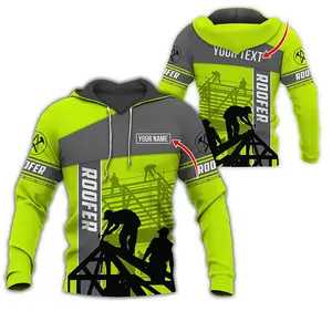 Personalized Roofer All Over Print 3D Hoodie with Name, Green Workwear, Roofing Gift for Men, Custom Safety Jacket for Rooftop Workers