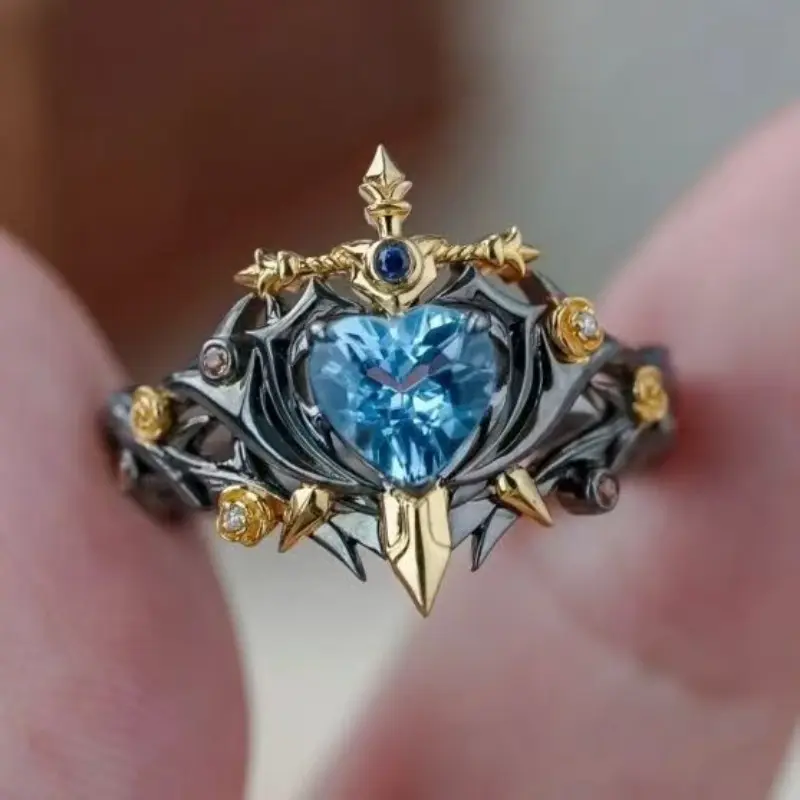 Adjustable Gothic Sword Heart-Shaped Ring with Blue Faux Leather - Unique Alloy Ring, Mixed Colors, Exquisite Design for a Bold Style Stainless Steel Cuban Link Necklace cross Versatile Pendant