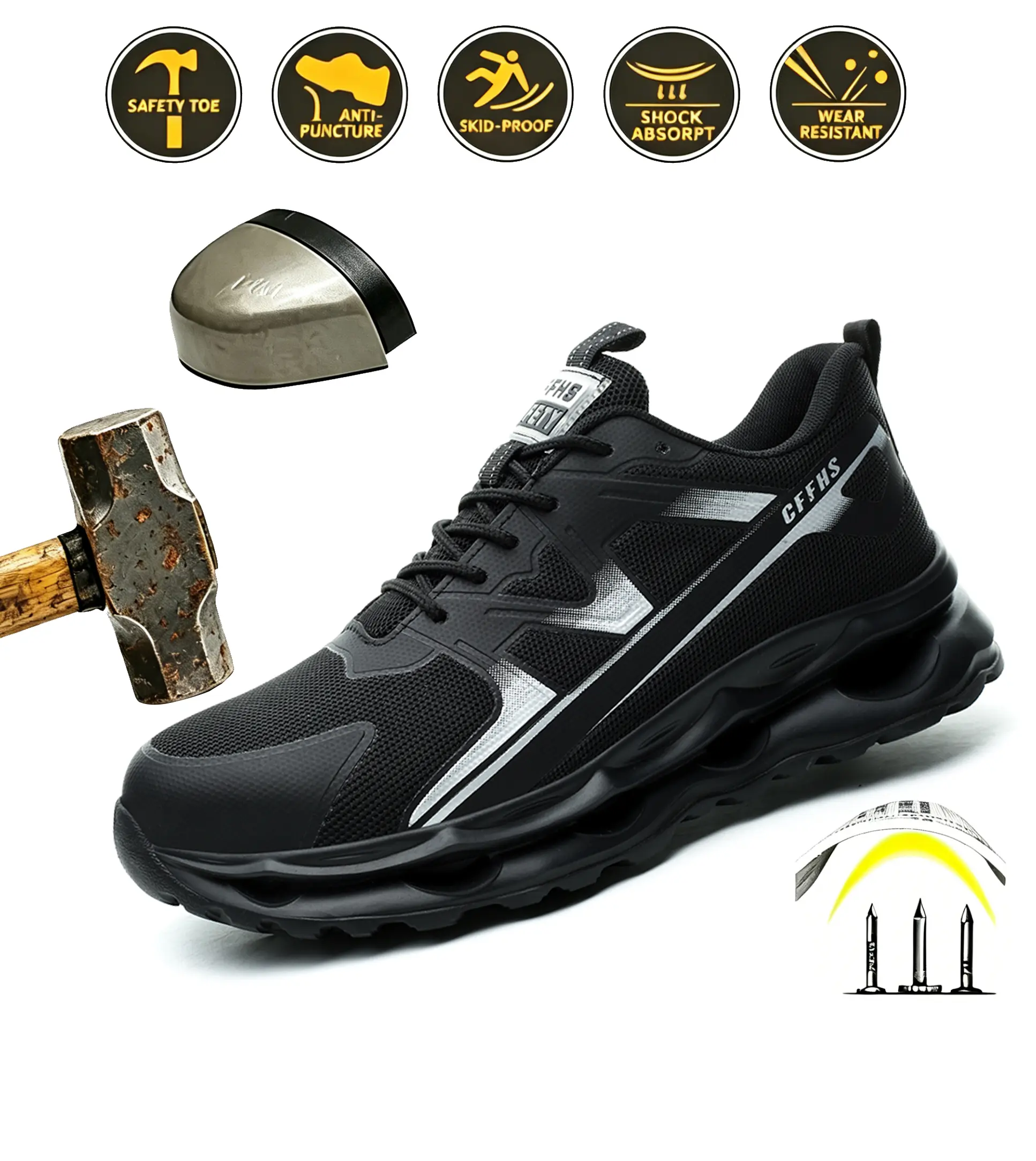 Unisex Steel Toe Safety Shoes, Lightweight Breathable Low Top Work Sneakers with Round Toe and Laces for Outdoors