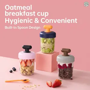 Leak proof glass container with lid and spoon for breakfast oats, suitable for storing For milk, grains, oatmeal, yogurt, pudding, and salads, dishwasher safe