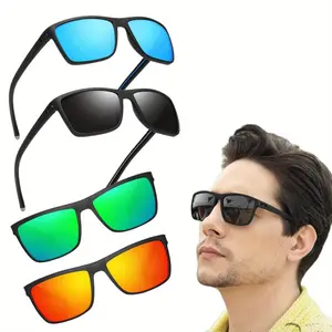 4-piece Retro Polarized Square Fashion Glasses - Full Frame PC Frame, Unisex - A Choice of Outdoor Sports, Parties, Vacations, Travel, Driving, Fishing, and Photography Props