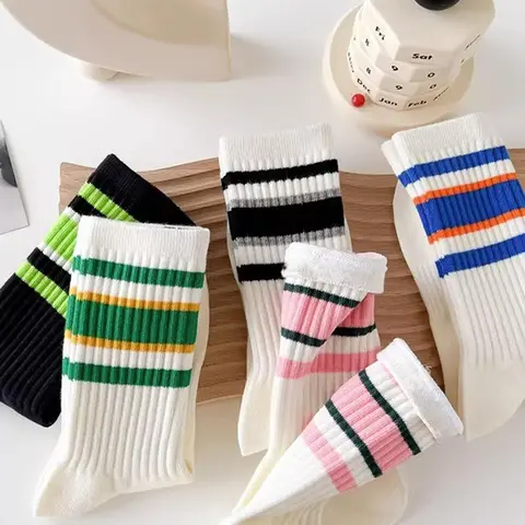 Women's 5 Pairs Contrast Stripes Print Crew Socks, Casual Moisture Wicking Socks, Soft Comfy Breathable Socks for All Seasons Daily Wear, Socks Set