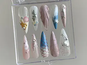 Ocean-Inspired Press On Nails | Mermaid Images and Pearl Charms on Fake Nails | Summer nails, ocean nails | Y2k Nails, Acrylic Press On Nail, Summer Nails Seashells, Gen X Nail, Free Ship, Fast Shipping