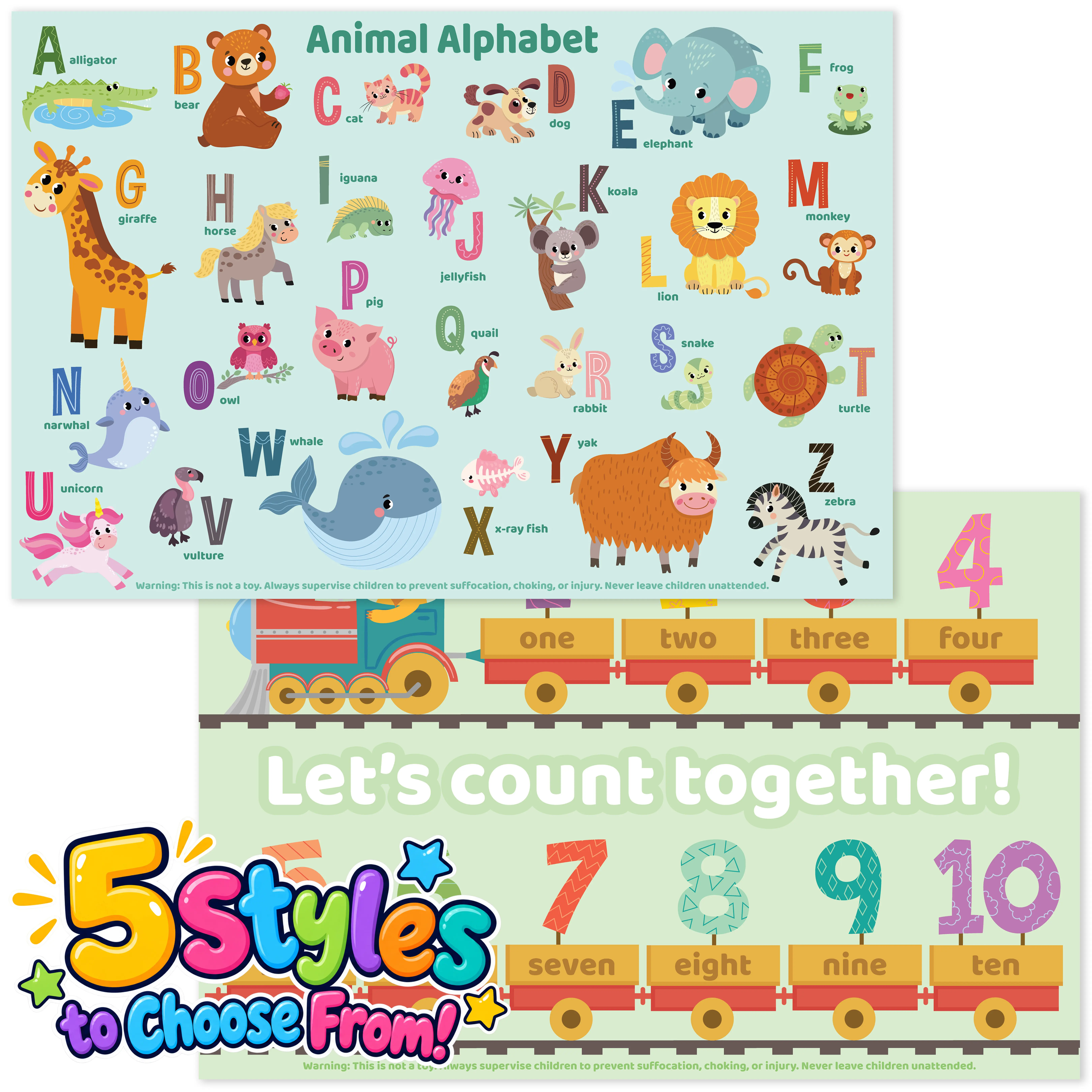 40-Mat Pack Colorful BPA-Free Disposable Non-Skid Rectangle Placemats & Coasters, Animals Set 01 - Placemats with Alphabet/Numbers, Dinosaur, Mermaid Designs, for Toddlers, Restaurant & Travel Learning Tableware