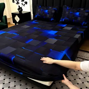 3pcs Cool Technology Digital Printing Material Plaid Fitted Sheet(1pc Bed Sheet+2pcs Pillowcase No Filling) Deep Pocket In 15 Inch, At Home Dormitory Suitable for All Seasons Mattress Protector