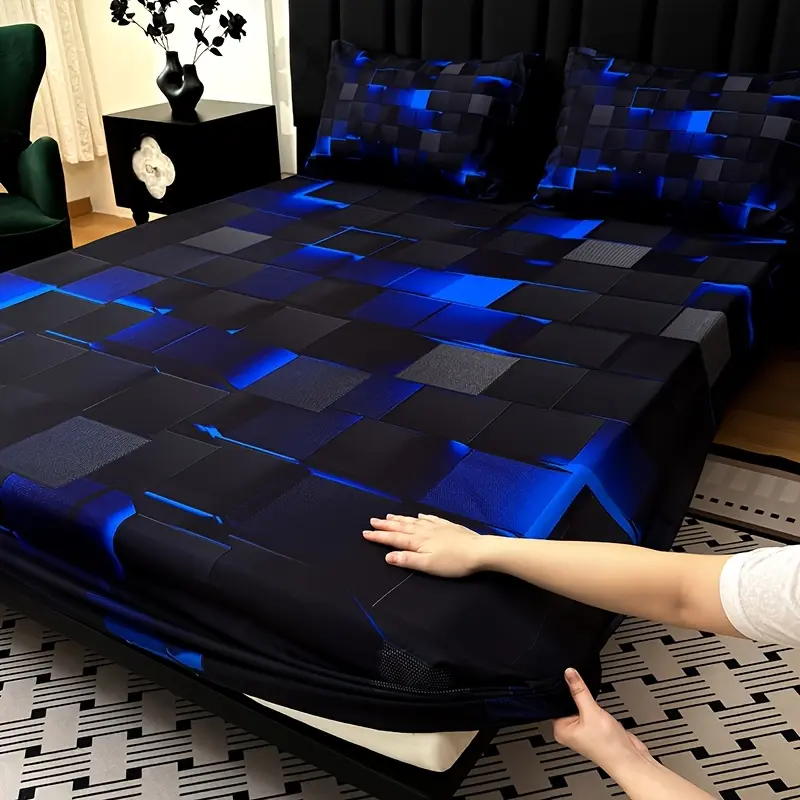 3pcs Digital Printing Plaid Bed Sheets Set - 1 Fitted Sheet, 2 Pillowcases (No Filling), 15in Deep Pocket, All-Season Bedding, Textile Mattress Protector for Home & Dormitory