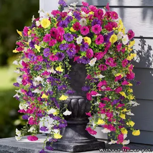 Artificial Hanging Petunias Flowers for Outdoor, Decorative Flower Arrangement 8pcs Fake Plants Long Vine Morning Glory Eucalyptus, UV Resistant Realistic Faux Greenery Outside Patio Porch Garden Spring Summer Decor