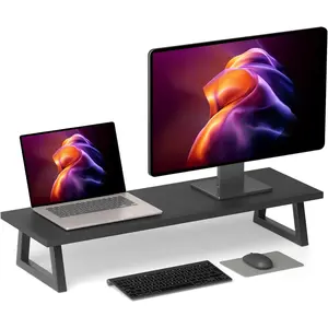 31.5 inch Dual Monitor Riser, Long Black Wide TV Stand Riser, Wood & Steel Desktop Riser for 2 Monitors, Desk Organization for Home Office