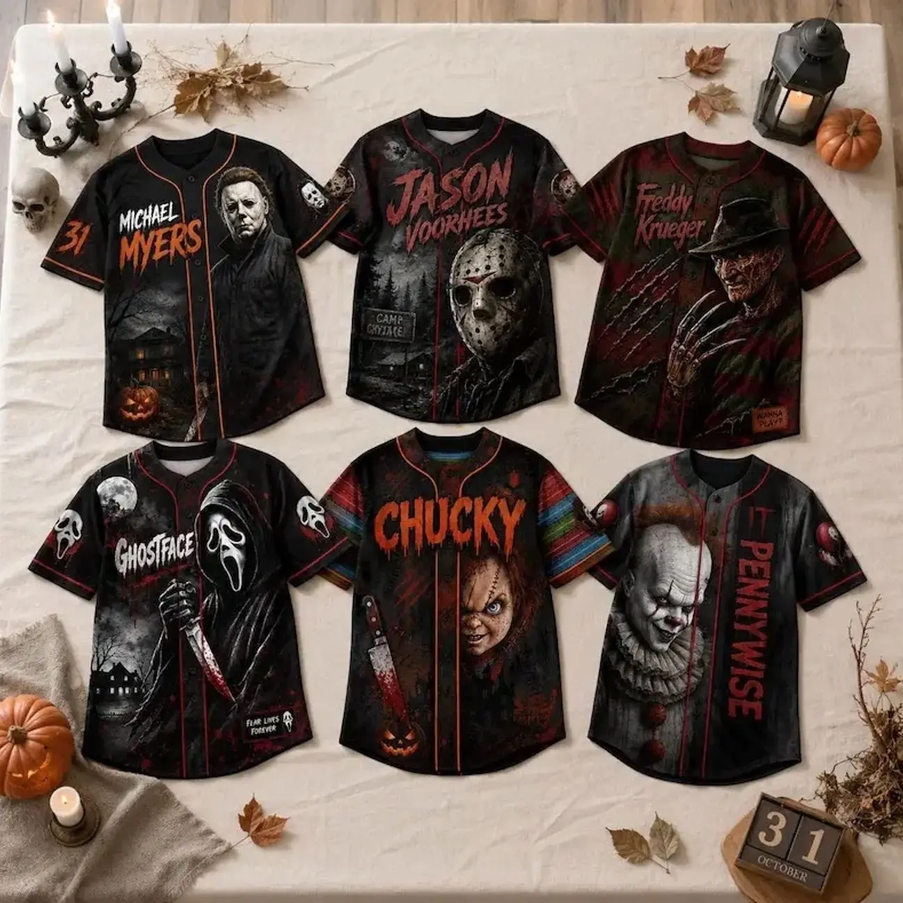 Horror Slasher Baseball Jersey, Classic Horror Movie Characters Shirt, Spooky Squad Halloween Uniform, Halloween party costumes, Halloween Gifts
