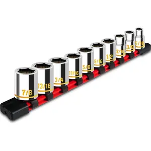 10 count 3/8-Inch Drive Shallow Socket Set, Standard SAE, 5/16"- 7/8", 6 Point, Embossed and Painted Marking, Mirror Chrome Finish,Cr-V Steel With Rail