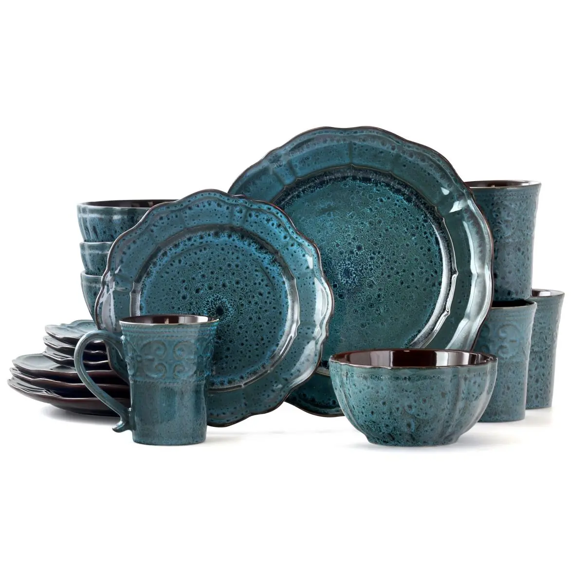 Elama EL-LAVISHBLUE16 16-Piece Round Stoneware Dinnerware Set - 4-Person Complete Dish Setting with Cutlery, Contemporary Home Decor Colored Accents, Dinnerware Sets, Colored Accents Dinner Sets