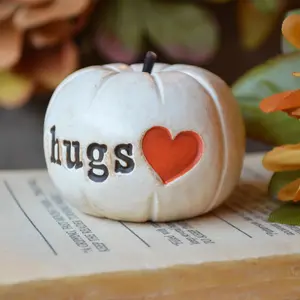 Hugs Pumpkin Small Gift Handmade Mini White Embossed Red Heart Pumpkin Fall Shelf Decor Thanksgiving Gift Autumn Clay Pumpkin Sculpture Art