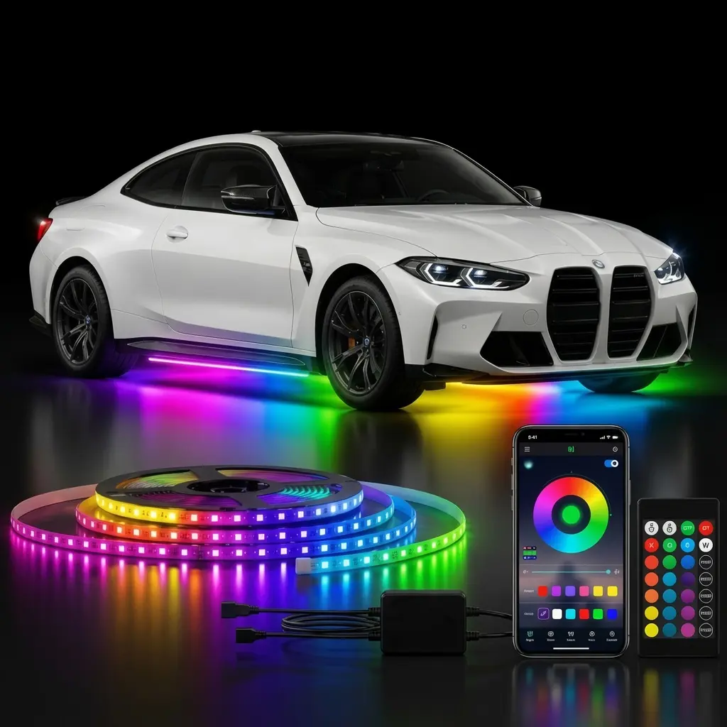 LED Underbody Car Decorative Light Kit - 16M Neon Glow Colors, APP Control, Music-Synchronized Sensor, 12V Voltage, IP68 Waterproof, 3M Adhesive Backing, Underglow Strips Underbody Light Stripes & Kits, Universal Fit for Cars, SUVs