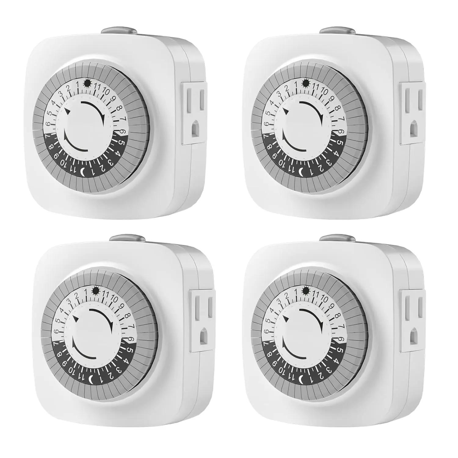 4-Pack White Indoor Mechanical Timer - 24-Hour Auto On/Off, 30-Min Daily Cycle, 48-Pin Set Dial, 2-Ground 3-Plug Socket, ETL Certified, Fireproof, Lamp Control, 15A 125V 1875W, Manufacturer Warranty, Home Improvement Electrical Accessory