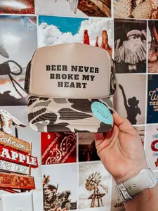 Beer Never Broke My Heart Hat - Beige with Camouflage Pattern, Featuring "Beer Never Broke My Heart" Text, Casual Style, Adjustable Strap