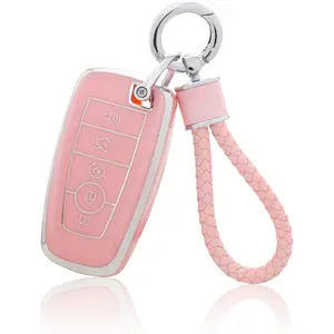 for Ford Key Fob Cover with Keychain, Pink Soft TPU Key Case Protection Fit for Edge Escape Expedition Explorer Fusion Mustang Ranger F-150 F-250
