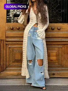 Women's Plain Hollow Out Button Front Lightweight Cardigan, Elegant Flounce Sleeve Fitted Knitwear for Summer, Fashion Women's Knit Clothing for Daily Wear, Spring Womenswear Knitting