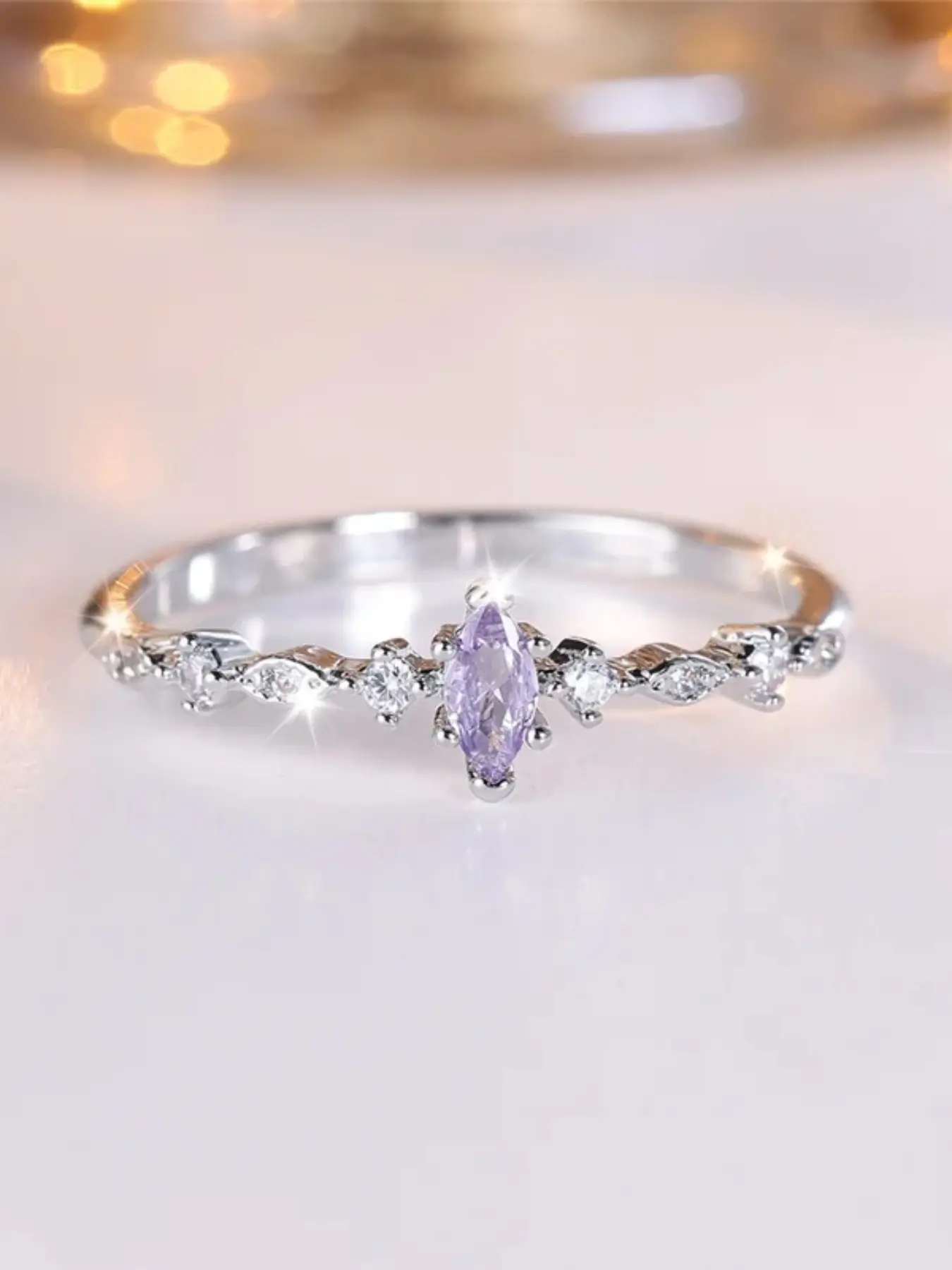 Simple Marquise Design Purpul Rhinestone Decor Stackable Rings for Women & Girls Delicate Jewelry Perfect for Engagement Weddings Party, Daily Wear Anniversary Gift Marquise Cut Ring Unique Rings