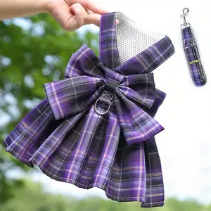 JK Dog Harness Dresses with Leash Set Featuring a Plaid Skirt for Puppy, Complete with a Leash Ring, Designed for Small to Medium-Sized Dogs
