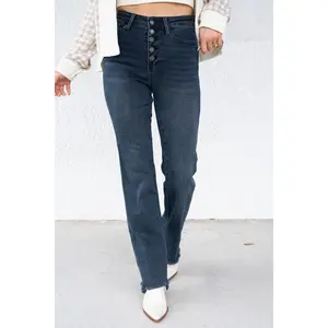 Button Up Buttercup By Judy Blue - High Rise Button Fly Hem Destroy Straight Jeans