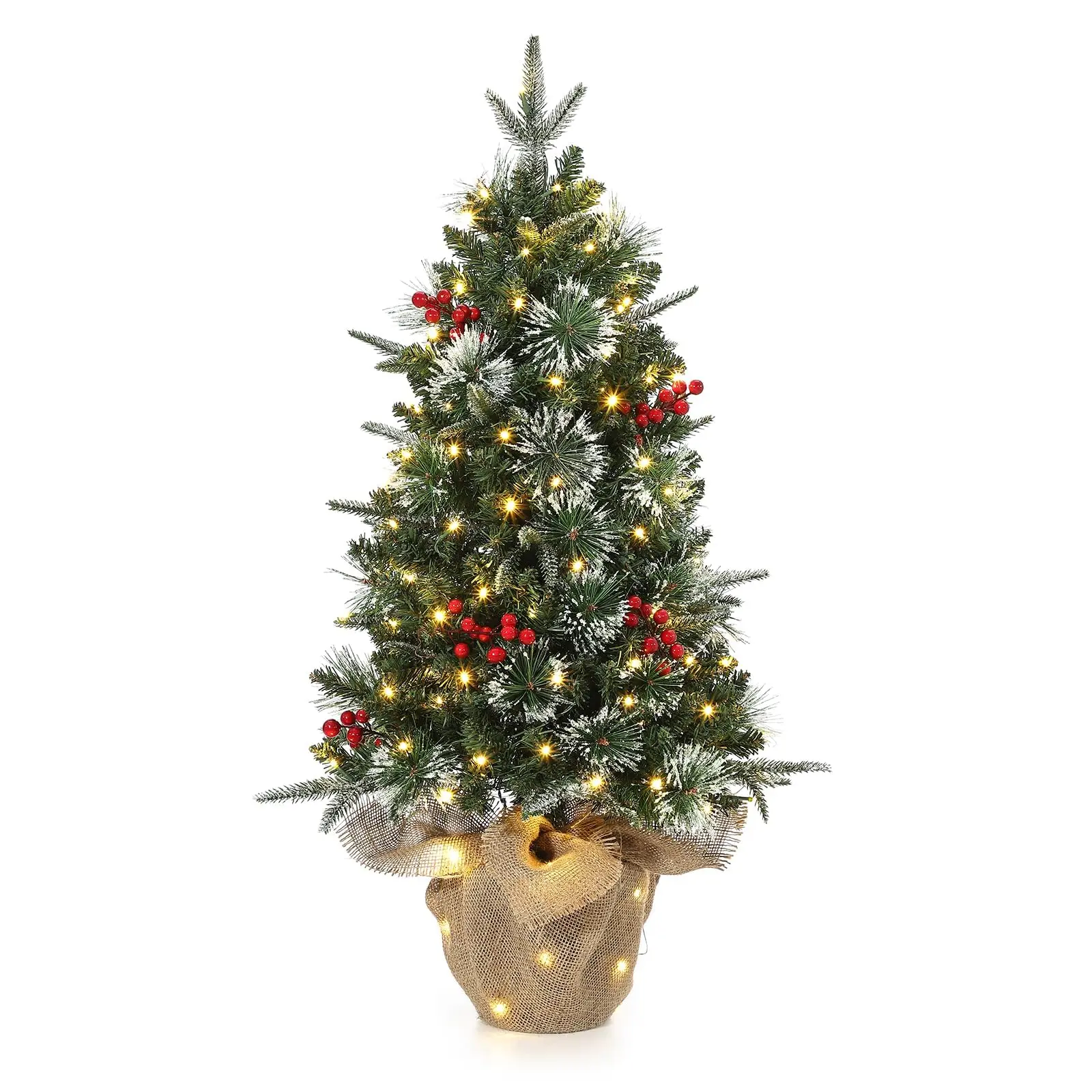 3ft Pre-Lit Luminous Synthetic Mini Christmas Tree - 78 LED Lights, Burlap Base, Berry Ornaments, Festive Indoor Tabletop Window Home Holiday Gift Decoration, Floating Shelves, Office Desks, Cordless, Magical, Automatic, 3 Feet In Height