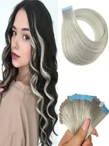 Fashion Silver Color Tape in Hair Extensions, Human Hair Tape, Seamless Skin Weft, High-Quality Natural Look, Easy Application, Real Hair Extensions