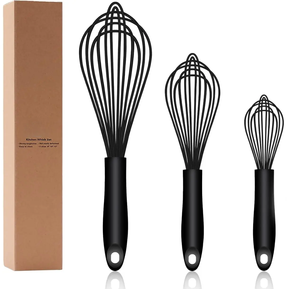Dishwasher Safe Silicone Whisk, Sealed Waterproof Design Set of 3, Professional Kitchen Whisks for Cooking Non-Scratch, Silicone & Stainless Steel Whisk, Heat Resistant Balloon Egg Beater, Black