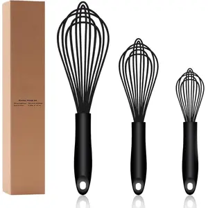 Dishwasher Safe Silicone Whisk, Sealed Waterproof Design Set of 3, Professional Kitchen Whisks for Cooking Non-Scratch, Silicone & Stainless Steel Whisk, Heat Resistant Balloon Egg Beater, Black