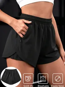 Women's Sport Shorts with Crossed Leg Hems, Hidden Zip Pockets, Breathable Mesh, High Stretch, Ideal for Running, Fitness, Yoga