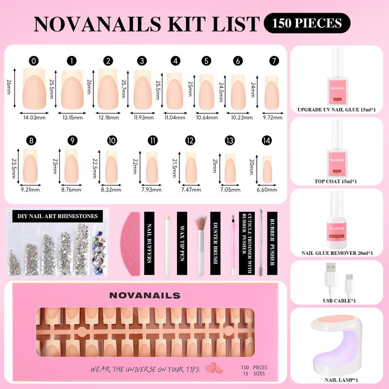 NOVANAILS French Tip Press On Kit 150Pcs Medium Square Skin Tones Gel Nail Tips Starter Kit for Gift and Nail Art DIY,Decorations Rhinestone Art Glue with Brushes Nude Acrylic Powder