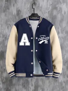 Boy's Colorblock Letter Print Baseball Jacket, Casual Long Sleeve Button Front Varsity Jacket for Fall & Winter, Kids Outerwear for Daily Wear