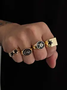 Vintage Star Head Ring Set, Dark Punk Retro Joint Rings, Festival Gift, Street Style Charm Accessories, Zinc Alloy Material