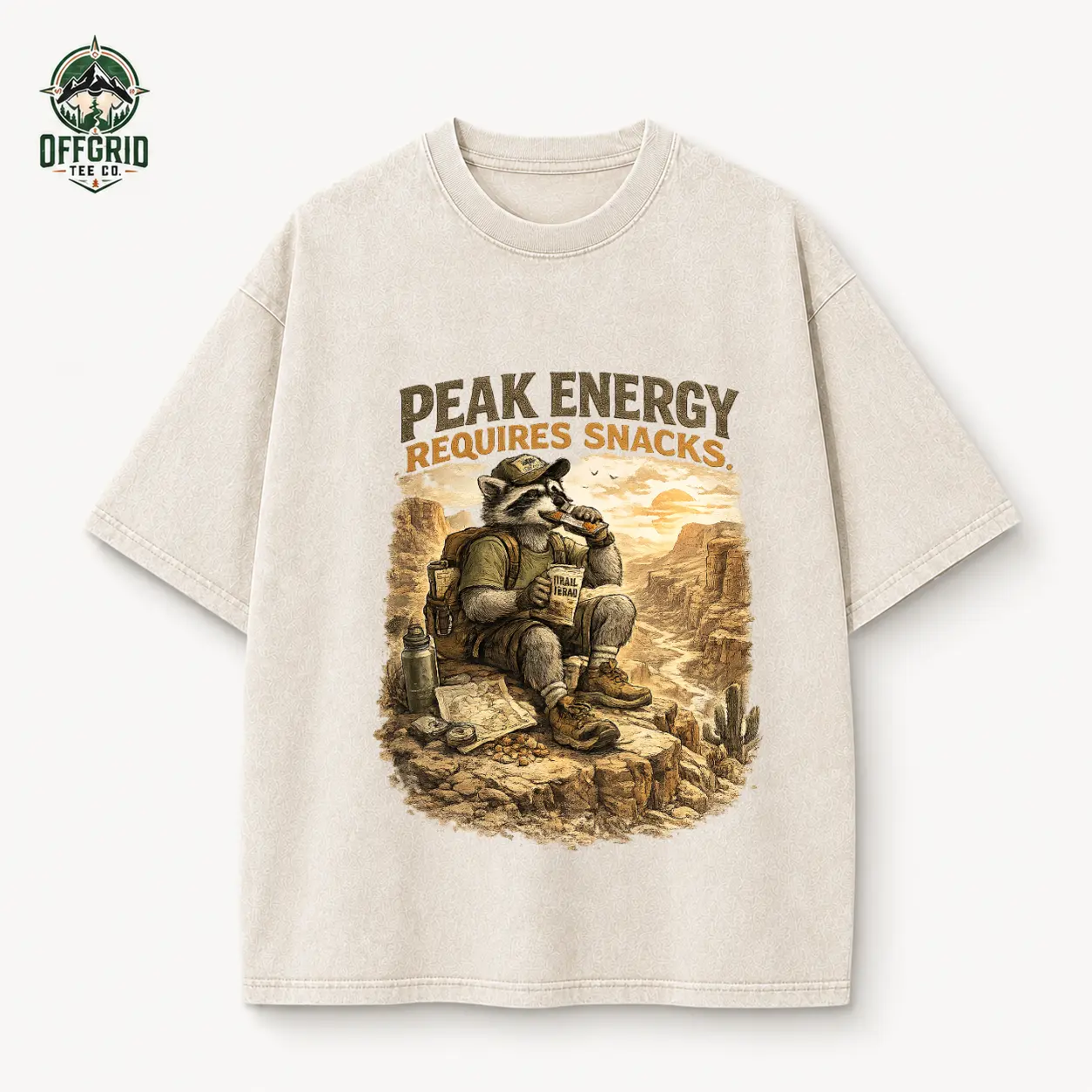 Peak Energy Requires Snacks Raccoon Hiking T-Shirt, Vintage Desert Mountain Graphic Tee, Off Grid Adventure Shirt, Outdoor Adventure Gift, Casual Hiking Wear