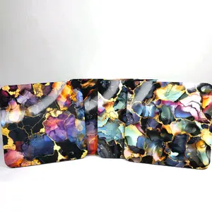 Abstract Marble Coaster Set – Colorful Gemstone Style Drink Coasters with Gold Veins | Modern Luxury Home Décor | Gift for Housewarming