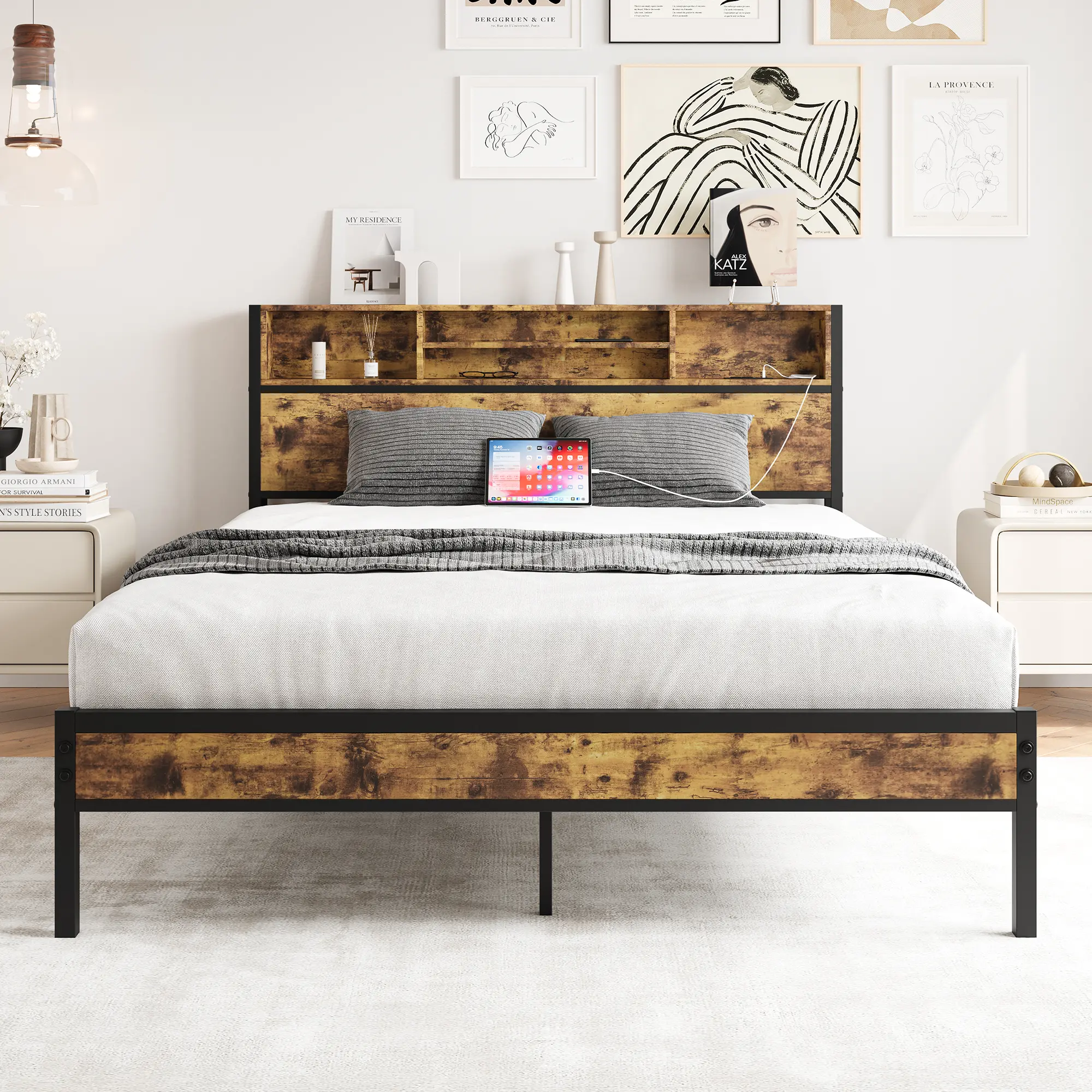 Queen Size Metal Platform Bed Frame with Modern Wooden Storage Headboard, Bookcase, Charging Station, No Box Spring Needed, Easy Assembly, Noise-Free, Black-Brown, Modern Wooden Headboard
