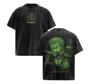 Roronoa Zoro Shirt Vintage Washed Oversized Tee _ One Piece Anime Streetwear Heavy Cotton T-Shirt _ Green Straw Hat Pirate Design _ Gift for Anime & Zoro Fans