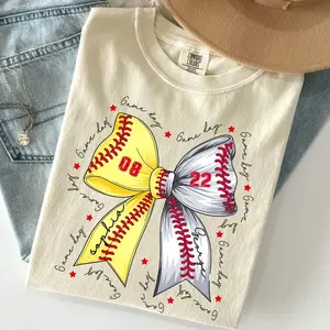 [Custom] Comfort Colors Personalized Baseball and Softball Bow Shirt, Baseball T-shirt, Softball Tee, Custom Softball and Baseball, Comfort Colors, Mom Softball