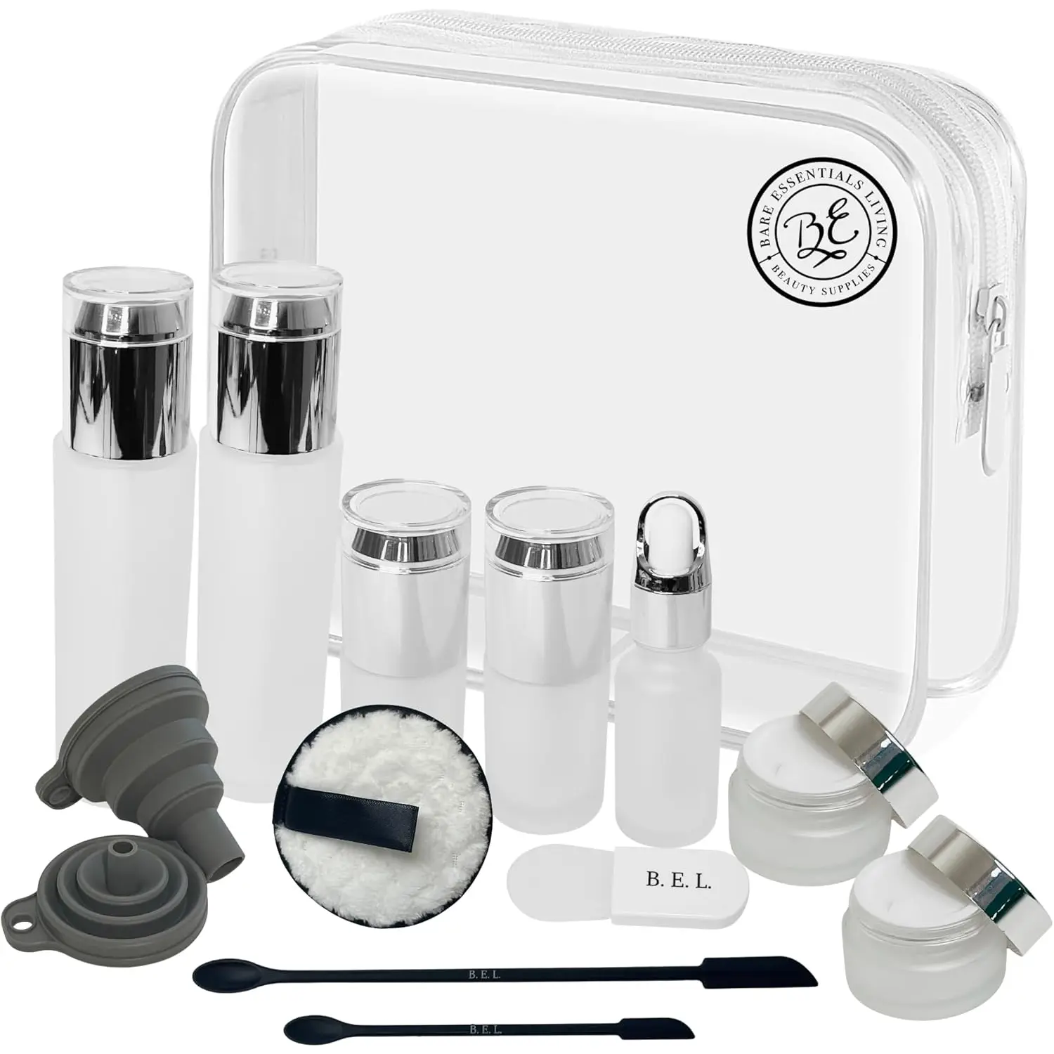 14 count Travel Skincare Containers Set-TSA Approved Toiletry Bag & Glass Travel Bottles for Toiletries Pump, Spray & Dropper Bottles Travel Size Containers for Foundation, Serum Moisturizer Oil & Cream
