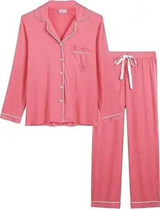Womens Bamboo Viscose Pajama Sets Long Sleeve Button Down Cooling Sleepwear Soft Comfortable Pj Pants Set for Women