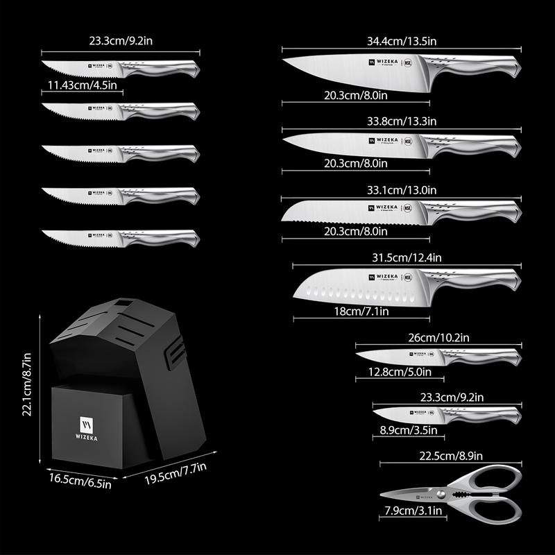 WIZEKA Jaguar Series Kitchen Knife Set with Block, Dishwasher Safe 15 Pcs Professional Chef Knife Set with Knife Sharpener, Food Grade German Stainless Steel Knife Block Set Gift for men Steak knife cooking knives Kitchen Knives kitchen accessories