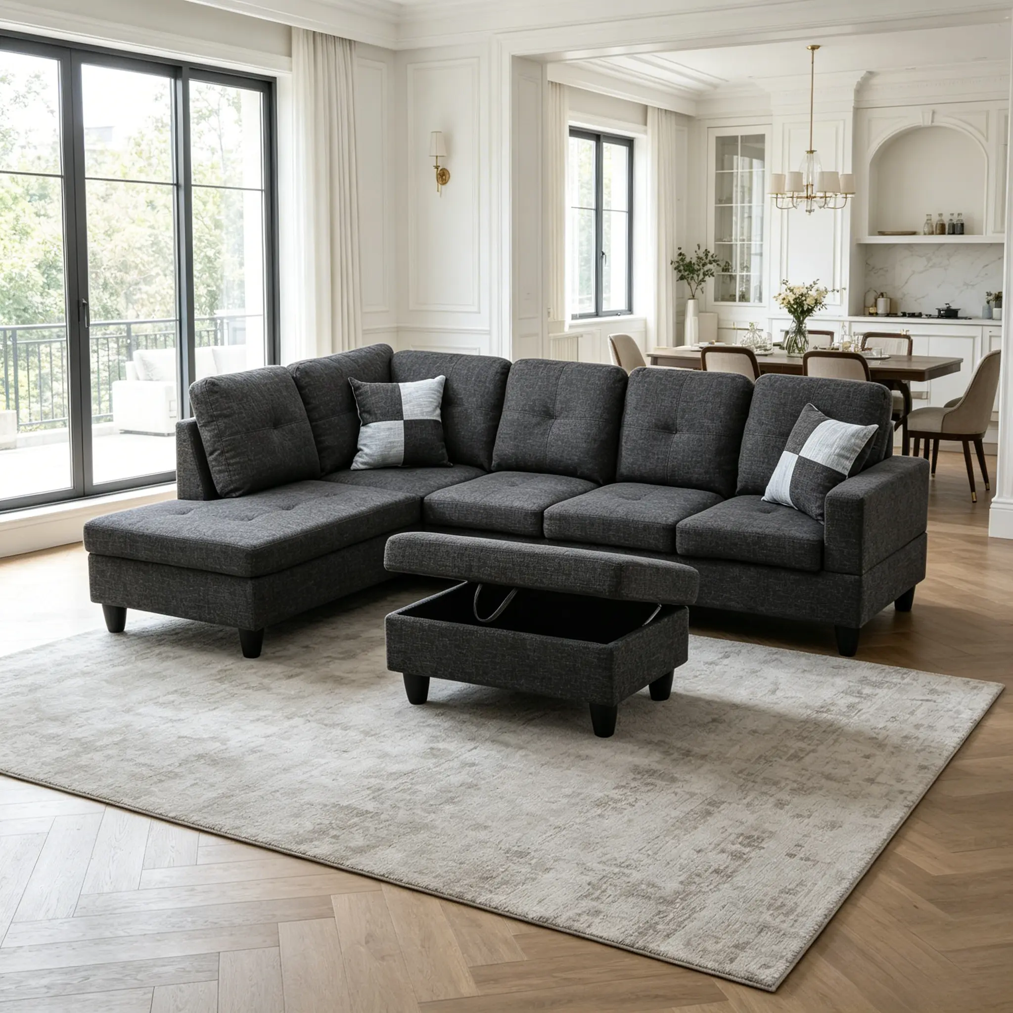 3-Piece Natural Linen Sofa Set for Indoor Living Room, Breathable Durable Anti-Pilling Wear-Resistant Fabric Couch with Fixed Arms, Cushion Back, Resists Wrinkling, Classic Black-Grey Scheme, Assembly Required for Low-Key Advanced Home Texture, Breathable