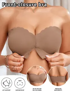 Women's Everyday Casual Strapless Underwire Bra, Front Buckle Design, Plain Color, Medium Support, Fitted Style, All Seasons