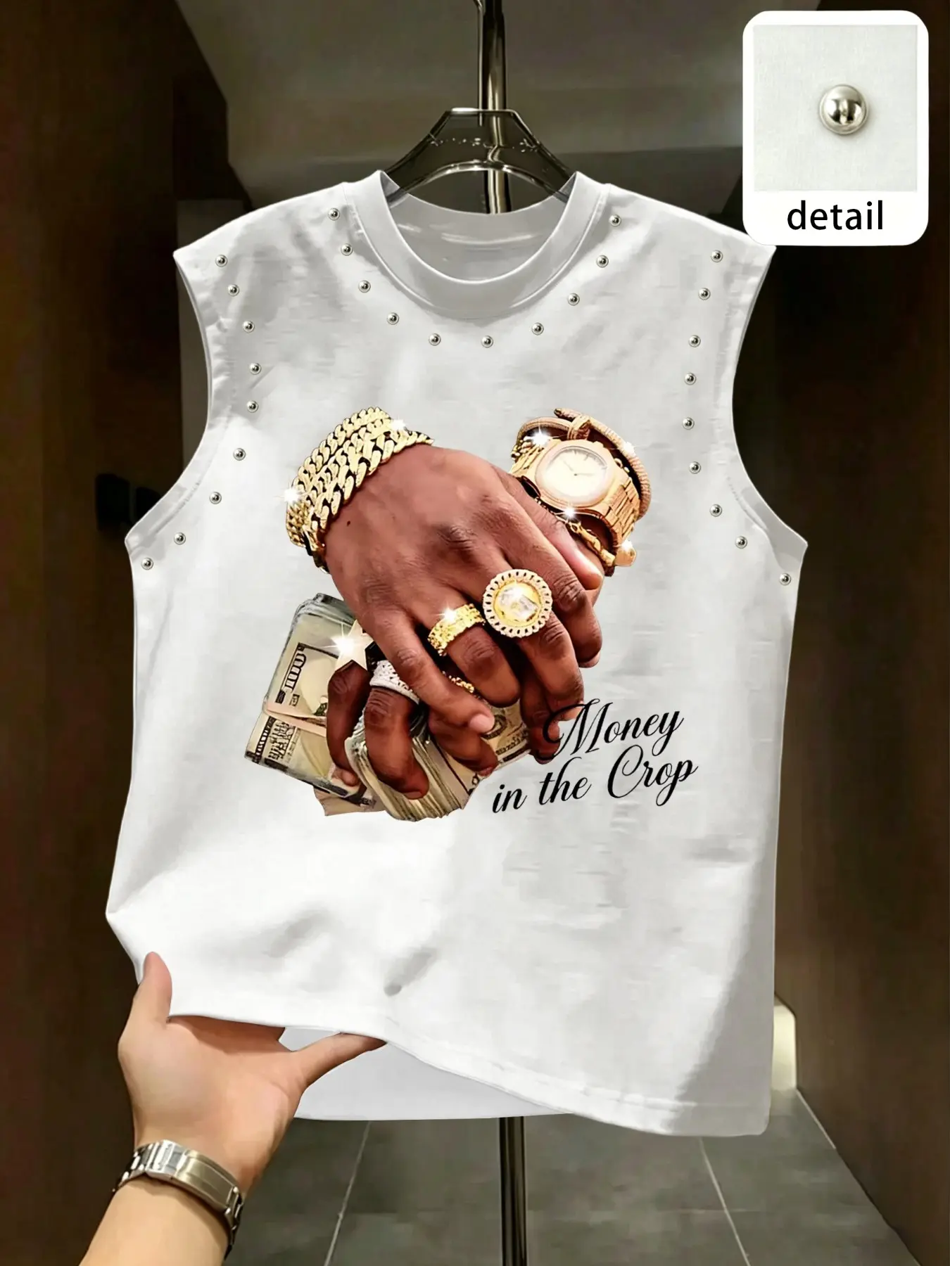 American Streetwear Menswear Hip-Hop Gold Tooth Lip Print Rivet Sleeveless Breathable T-Shirt, Oversized Loose-Fit Baggy Summer Casual Vest, Trendy Street Style Top