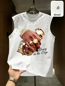 American Streetwear Hip-Hop Gold Tooth Lip Print Rivet Sleeveless T-Shirt, Loose-Fit Summer Casual Vest, Trendy Street Style Top