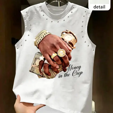 American Streetwear Menswear Hip-Hop Gold Tooth Lip Print Rivet Sleeveless Breathable T-Shirt, Lips Print Tee, Oversized Loose-Fit Baggy Summer Casual Vest, Trendy Street Style Top