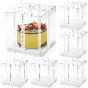 6 Pcs Clear Cake Box with Ribbon, 2-Layer Tall Cake Packaging Boxes 8x8x9 Inch, Cake Carrier Transport Container for Tiered Cakes, Transparent Gift Display Boxes with Lid for Birthday Party