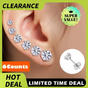 6 Counts Women's Silver Stud Earrings, 3-8mm options, durable material, fits daily and special occasions