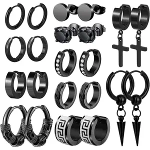 Men Earrings, 11 Pairs Stainless Steel Small Hoop Earrings Cross Dangle Earrings Set, Fashion Huggie Earrings Piercing Jewelry for Party Birthday