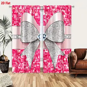 2D Flat  2-Piece Curtain Set, Sparkly Mosaic Background with Pink & White Circles, Elegant Double Layer Light Pink Satin & Silver Glitter Ribbon Bow, Blue-White Faceted Gem Center, Festive Decorative Window Curtains for Living Room Bedroom, Shiny C
